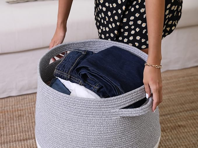 26" x 20" Tall Extra Large Storage Basket with Lid, Cotton Rope Storage Baskets, Woven Laundry Hamper with Cover, Cloth Storage Bin, for Clothes Towels in Living Room, Dual Grey