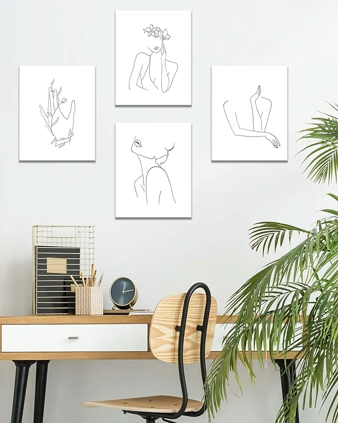 Minimalist Line Art Prints Wall Decor Abstract Flower Line Art Modern Black and White Artwork Women Office Bedroom Bathroom Decoration FRAMED 8"x10" 4 Piece Set