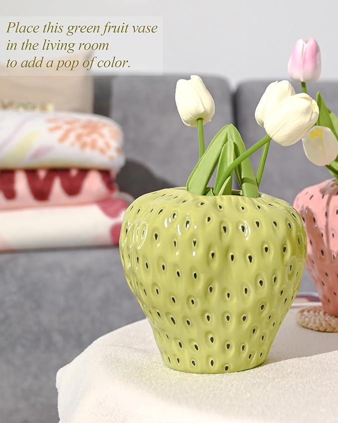 DN DECONATION Green Strawberry Vase, Ceramic Strawberry Vases for Lego Flowers, Decorative Cute Vases Cool Vase for Strawberry Party Home Decor