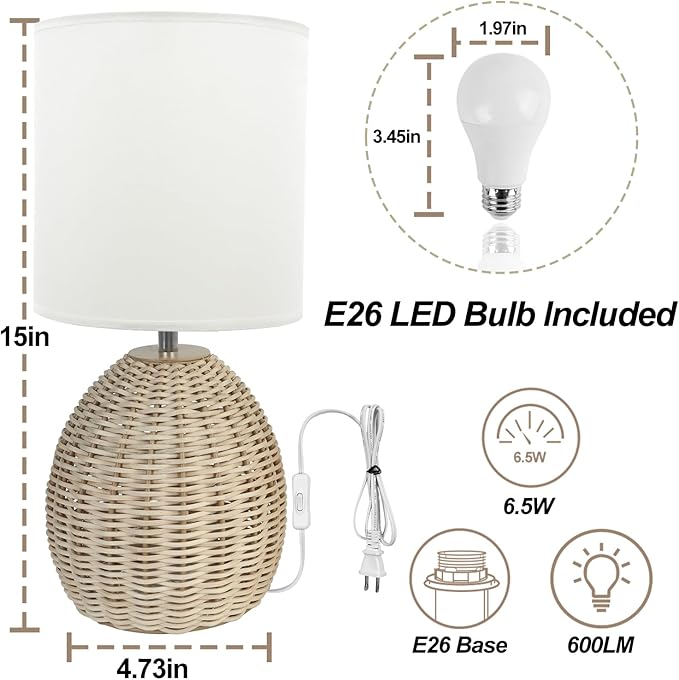 Boho Rattan Table Lamp Bedside - 3 Color Temperature Handmade Bamboo Woven Lamp for Nightstand Living Room (Original Color, 1 Pack)