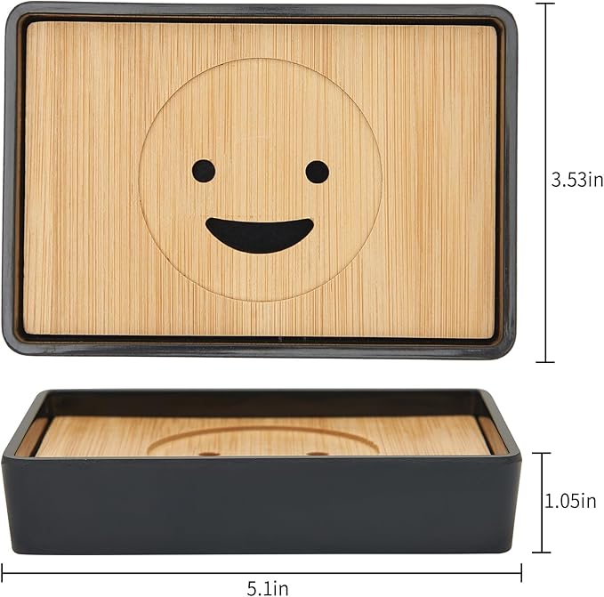 Bamboo Soap Dishes for Shower Wooden Soap Bar Holder for Bathroom Soap Tray Easy to Clean, Durable and with Non-Slip Pads(Two Black Smiley Faces)