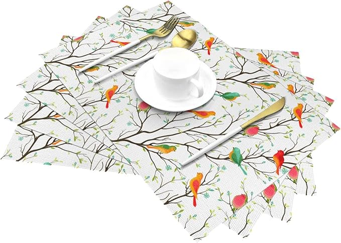 Birds on Tree Placemats Set of 4 Linen Decorative Table Mat for Dining Table Kitchen Farmhouse Outdoor Spring Summer Home Decor 12"x18" Cute Birds Place Mats