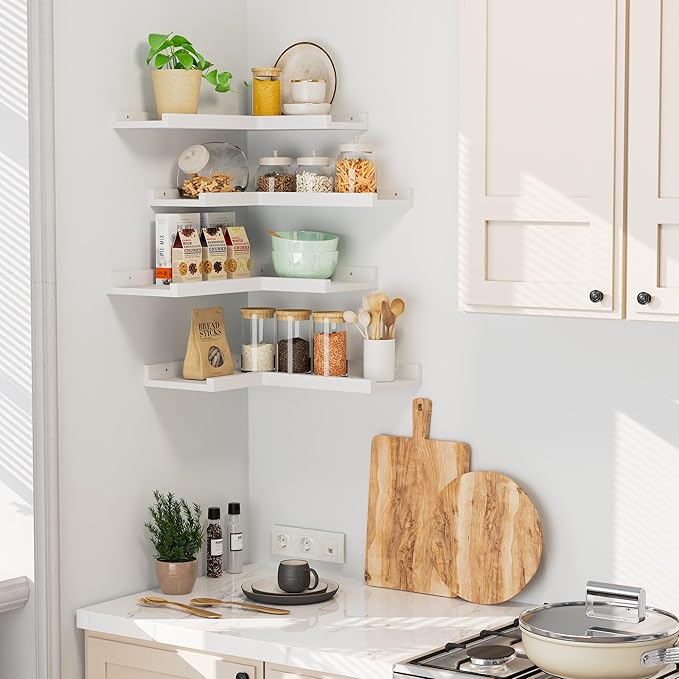 4 Tier Corner Wall Shelf, Floating Shelves with Lip, White Modern Corner Shelves Wall Mounted, Solid Pine Wood L Shaped Shelf for Living Room, Bedroom, Bathroom, Home Storage