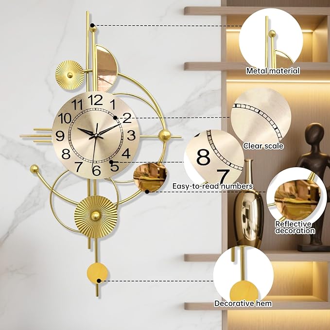 Large Wall Clocks for Living Room,Silent Non Ticking,Battery Operated Oversized Round Modern Wall Clock for Bedroom,Farmhouse,Office Wall Decor-17.7x31.4Inch(Golden)