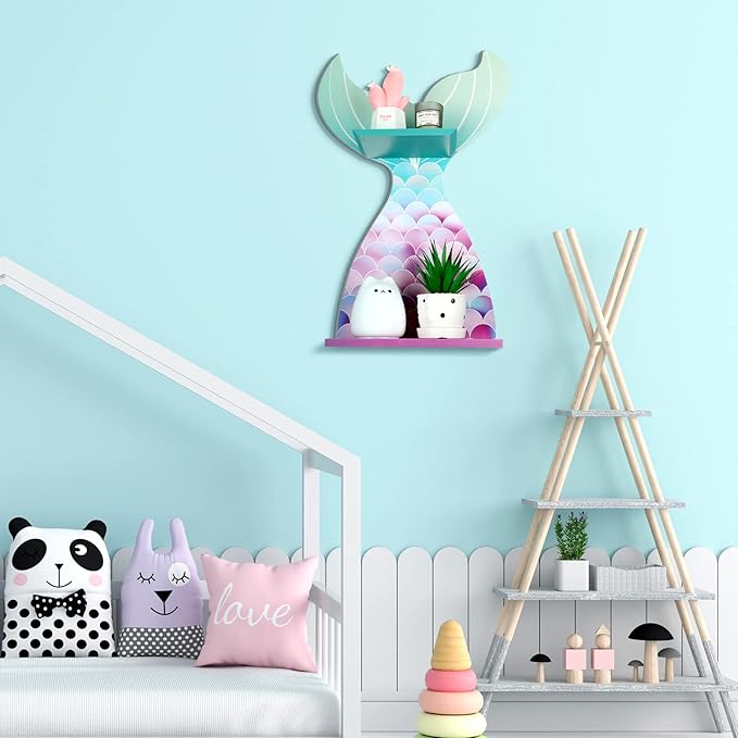Bencailor Wall Decor Shelf Bedroom Hanging Shelf Wall Mounted Wooden Floating Bathroom Decor for Girls Bedroom Nursery Gift(Classic Mermaid)