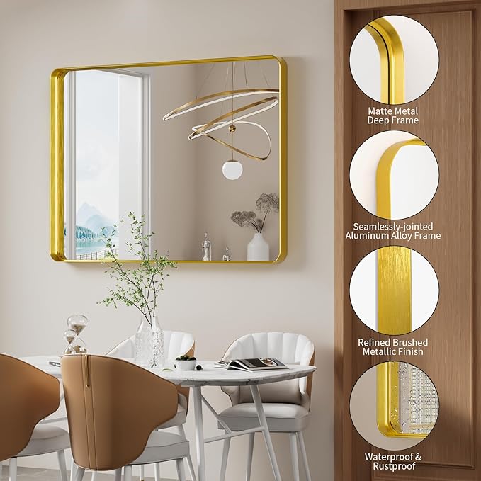 Koonmi Gold Bathroom Mirror for Wall, 30x40 Inch Matte Metal Deep Framed Rounded Corner Wall Mirror, Shatterproof Tempered Glass for Farmhouse Bedroom Entryway, Vertically or Horizontally