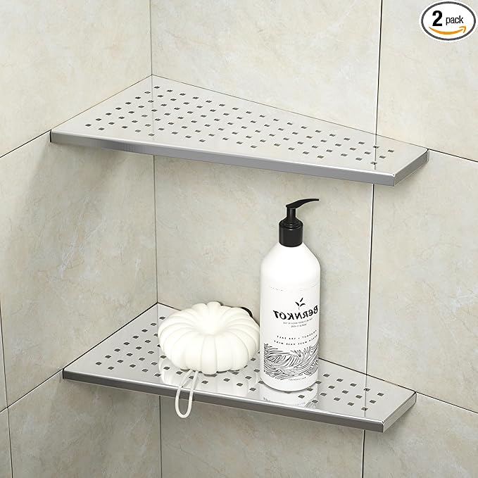 Corner Shower Shelf 12" Polished 304 Stainless Steel Recessed Trapezoid Shampoo Shelves with Grid Design Bathroom Shelf Racks for Tiled Wall, No Drilling Needed, 2 Pack