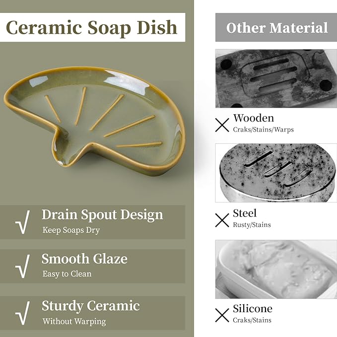 Ceramic Soap Dish, Self-Draining Bar Soap Holder for Bathroom, Sink, or Shower – Green Half-Moon Design, Easy to Clean, Keeps Soap Dry – ANTIS'S HOME