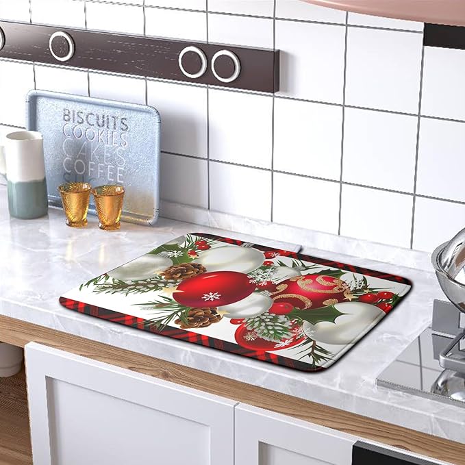 Red Buffalo Plaid Christmas Kitchen Drying Mats for Dishes Xmas Ball Snowflake Pine Cones Dish Drainer Rack Mat Winter Microfibe Absorbent Dish Drying Pad for Home Kitchen Counter Decor 18x24in