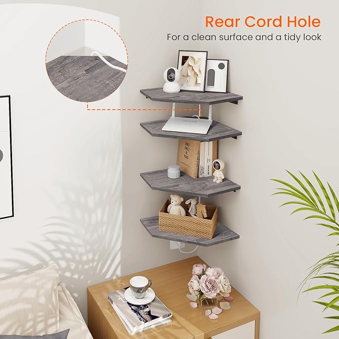 Homode Corner Shelf Wall Mount, Set of 4 Corner Floating Shelves with Cord Hole, Wall Shelf Organizer, Wood Hanging Storage Shelving for Bathroom Bedroom Kitchen, Rustic Grey