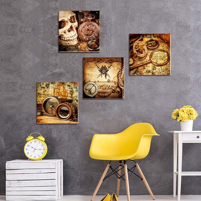 The pirates 4pcs Modern Salon Theme and Adventure map Abstract Painting Still Life Canvas Wall Art for Home Decor Compass and magnifying glass Canvas Print Wall Art Painting For Living Room Decor