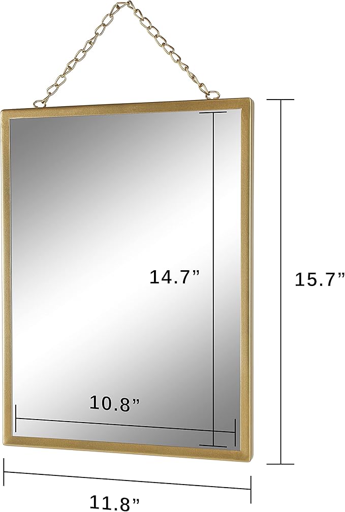 Gold Hanging Mirror with Chain, 12 x 16 Inch Rustic Wall Decor for Bathroom, Entry, Dining Room, and Living Room. Metal Rectangle Vanity Mirror, Decorative Mirror.