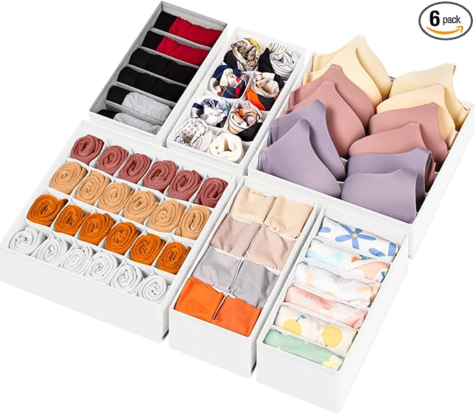 6 Pack Sock Underwear Drawer Organizer Dividers, 58 Cell Foldable Fabric Dresser Closet Organizers and Storage Bins for Clothing, Baby Clothes, Bra, Panty, Scarf, Ties (White)