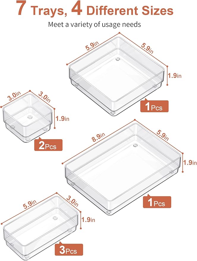 SMARTAKE 7-Piece Drawer Organizer with Non-Slip Silicone Pads, 4-Size Desk Drawer Organizer Trays Storage Tray for Makeup, Jewelries, Utensils in Bedroom Dresser, Office and Kitchen (Clear)