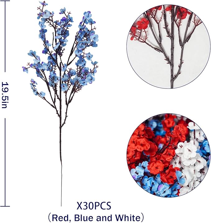 Uieke 15 Pcs 4th of July Artificial Flowers Fake Patriotic Babys Breath Flowers for Independence Day Decor Blue White Red Silk Flowers for Memorial Day Floral Arrangement Home Wedding