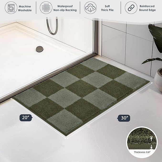PURRUGS Bathroom Rug Non-Slip Machine Washable 20" x 30", Super Absorbent and Quick-Dry Bath Mat, Extra Soft and Plush Bath Rug for Shower, Bathtub and Sink, Sage Green & Olive Green