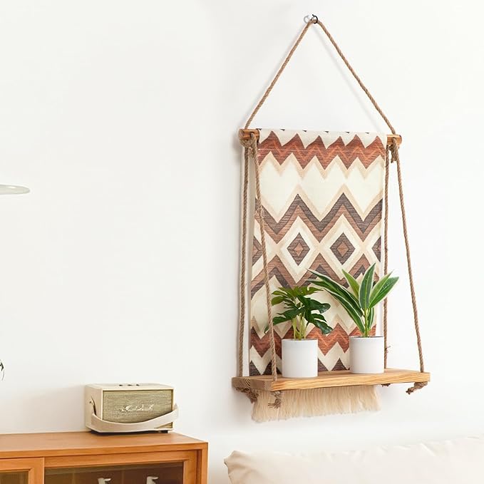 Wall Mounted Shelf, Bohemian Style Decorative Hanging Cloth, Handmade Natural Material, Suitable for Living Room Bedroom Home Storage Hanging Indoor Plant Shelf (Stripe Type)