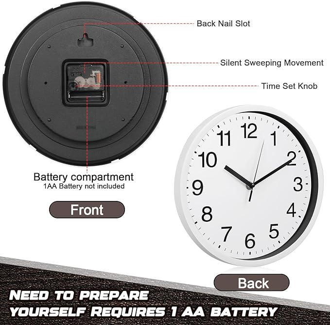 Inbagi 8 Pcs Wall Clock Large Silent Battery Operated Wall Clocks Modern Non Ticking Wall Clocks Bulk Decorative for Kitchen Office Living Room Home Bathroom Bedroom Classroom(White,12 Inch)