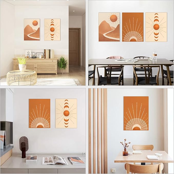 Boho Wall Art Painting Set of 3 Mid Century Modern Wall Decor Framed Canvas Print 12"x16" Minimalist Wall Art Geometric Abstract Modern Neutral Boho Wall Art Decor for Living Room Bathroom