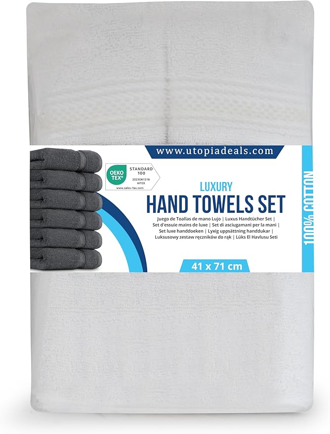 Utopia Towels 6 Pack Premium Hand Towels Set, 16 by 28 inches, 100% Ring Spun Cotton, Ultra Soft and Highly Absorbent 600GSM Towels for Bathroom, Gym, Shower, Hotel, and Spa, White