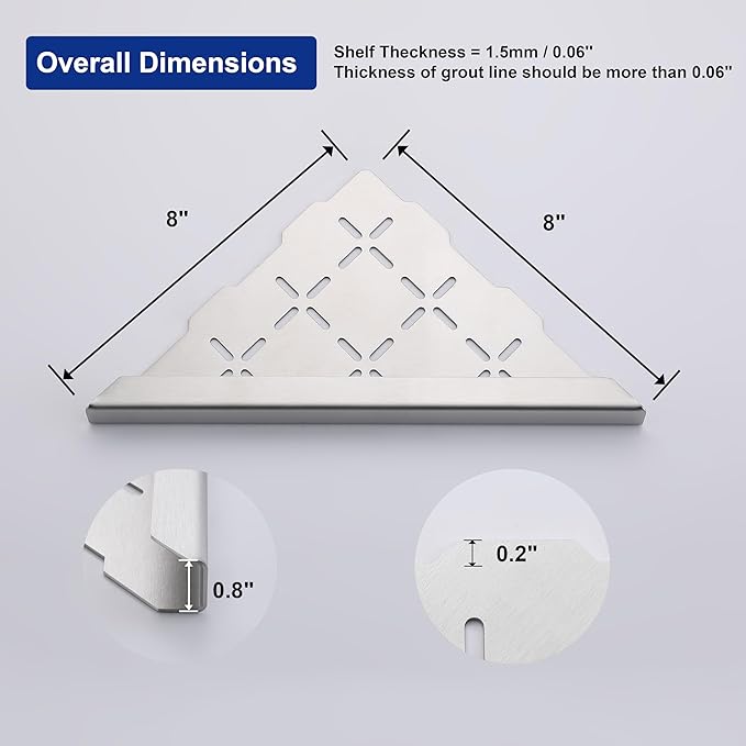 8" Corner Shower Shelf, 2-Pack Shower Shelves SUS304 Stainless Steel Bathroom Shelves for Tile Walls, Recessed Corner Shelf Organizer Rack, No Drilling (Brushed)