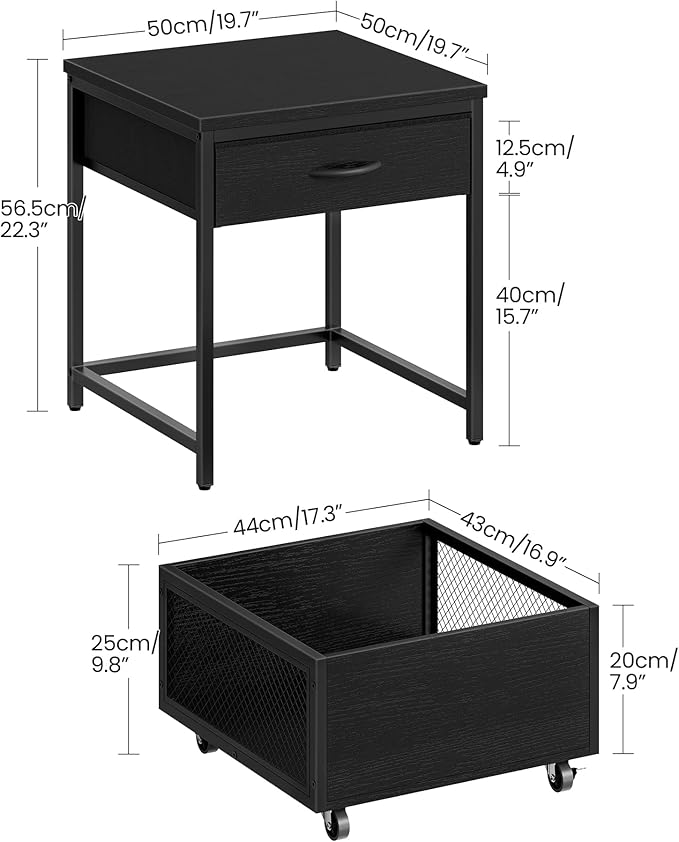 End Table, 19.7 Inch Square Side Table, Mini Fridge Stand with Storage, Nightstand with Mobile Basket Cart, for Living Room, Bedroom, Black TBZ55BB
