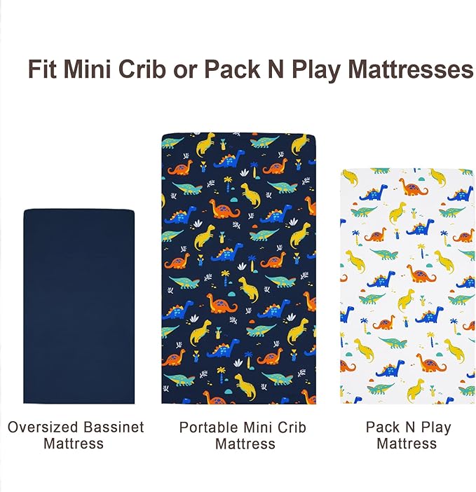 david's kids 3 Pack Mini Crib Sheets, Premium Pack N Play Sheets for Boys Girls Neutral, Soft Breathable Baby Sheets Fit Pack N Play, Playard and Mini Crib Mattresses, Dinosaur