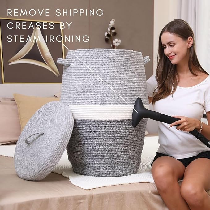 26" x 20" Tall Extra Large Storage Basket with Lid, Cotton Rope Storage Baskets, Woven Laundry Hamper with Cover, Cloth Storage Bin, for Clothes Towels in Living Room, Dual Grey