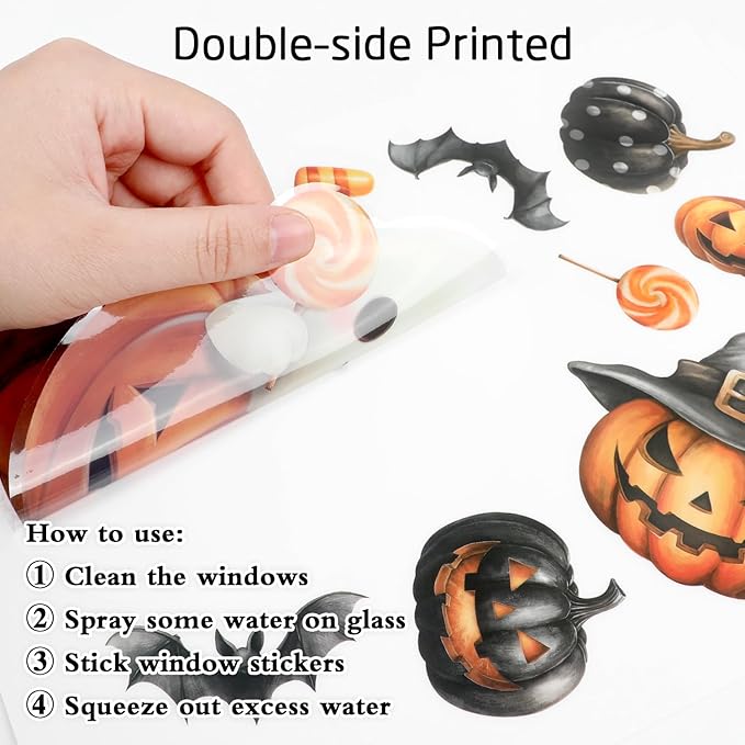 8 Sheet Halloween Window Clings, Ghost Pumpkin Bat Reusable Window Stickers Double Decals for Glass Window Halloween Decoration