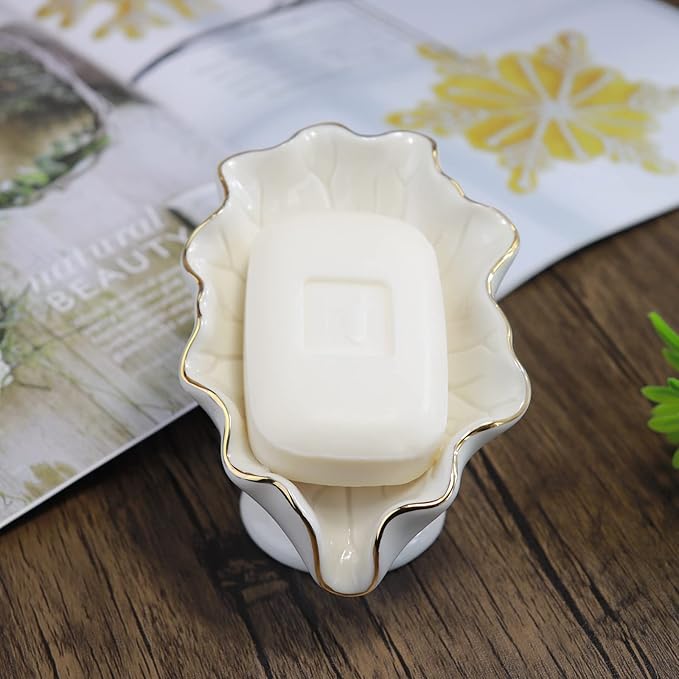 Soap Dish Ceramic White Lotus Leaf Shape Soap Holder Self Draining Soap Dish Waterfall Slot Sponge Holder Bathroom Accessories for Bathroom, Kitchen,Bar Counter.