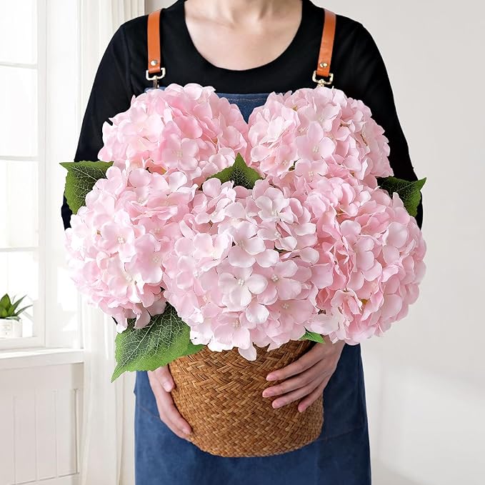 Light Pink Flowers Silk Artificial Hydrangeas, 5Pcs 20Inch Lifelike Boho Large Flowers with Stems, Artificial Flowers for Wedding Bouquet Table Centerpieces Home