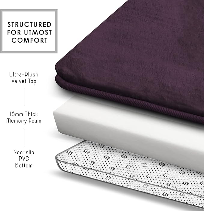 Clara Clark Bathroom Rugs, Velvet Memory Foam Bath Mat, Non-Slip, Machine Washable Bath Rugs - Dries Quickly, Ultra Soft Plush Bath Mats for Bathroom, 17 x 24, Dark Purple