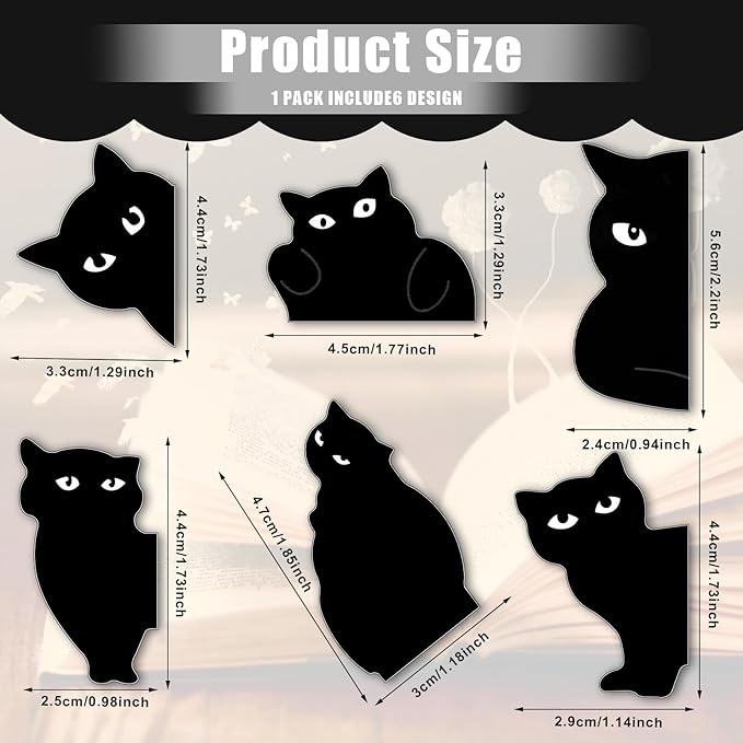 Cat Bookmark, 6 Pcs Black Cat Magnetic Bookmarks Cute Kawaii Magnet Bookmark Clips Page Markers Book Reading Supplies for Book Lovers, Women, Teachers, Students, Home, Office, Presents (6 Styles)