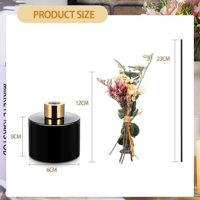 Rtteri 2 Reed Diffuser Sets Flower Oil Diffuser Sticks with Refill Empty 5oz Bottles Scent Glass for Fragrance Home Bathroom Gifts, Oil Not Included(Black Color)