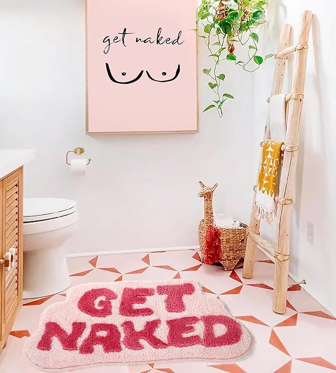 Irregular Shaped Get Naked Bath Mat Pink - Fun Bath mat, Small Preppy Bathroom Decor, Funny Aesthetic Bathroom Rugs for Apartmen Decor, Non-Slip Hot Pink Bath Rugs for Girls 31" x 18"