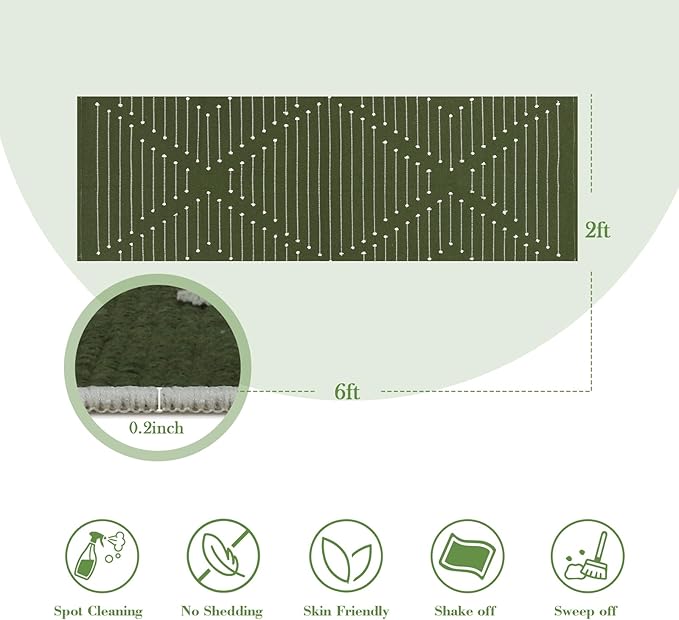 LIVEBOX Green Runner Rug 2'x6' Boho Washable Rug for Hallway, Moroccan Woven Entryway Throw Area Rug Indoor Cotton Mat for Kitchen Bedroom Laundry Bathroom Entry