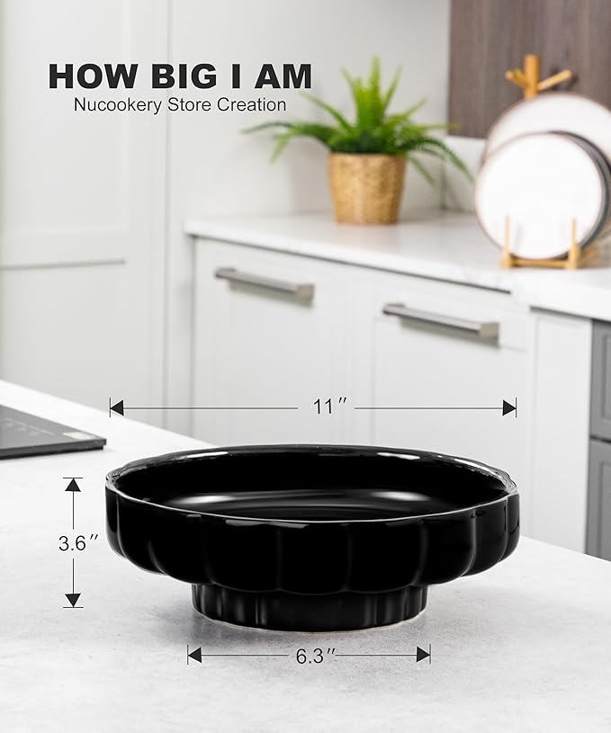 Nucookery Ceramic Petal Fruit Bowl for Kitchen Counter, 11 Inch Modern Decorative Bowl, Elegant Fruit & Vegetable Storage Container, Large Bread Basket, Black