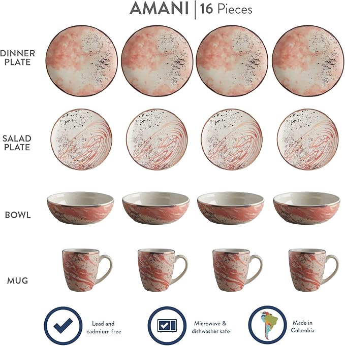 Corona 16-piece Rose Gold Modern Design Ceramic Dinnerware Sets | Plates, Bowls and Mugs | Service For 4 | Amani