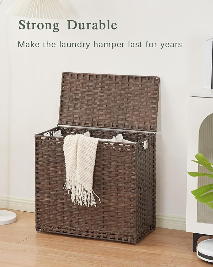 Laundry Hamper with Lid Laundry Basket 132 L (35 Gal) Wicker Clothes Hamper, Handwoven Rattan Hamper with Handles and 4 Removable Liner Bags, 6 Mesh Bags for Laundry Bedroom Brown