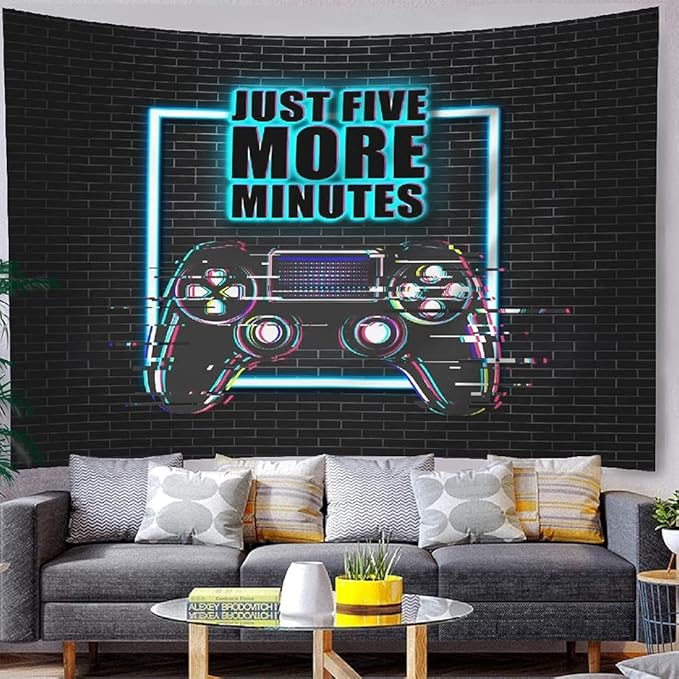 Gaming Tapestry Gaming Room Decor Wall Hanging JUST FIVE MORE MINUTES Cool Neon Blacklight Tapestries Conceptual Abstraction Modern Controller for Men Adults Teen Boys Bedroom Accessories 80x60 Inches