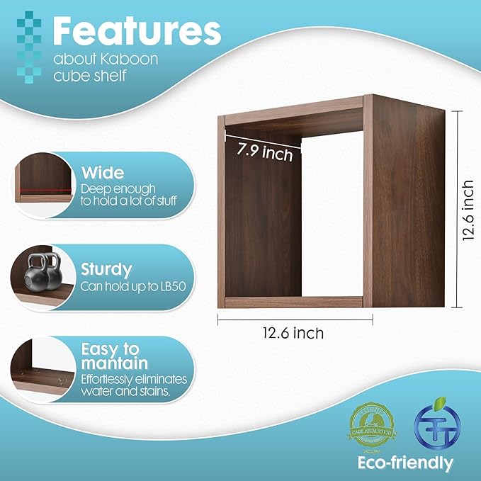 Kaboon Cube Floating Shelves Set2, Display Shelves Wall Mount 7.75" D x 12.5" W x 12.5" H, (Walnut, Square 2 Cubes)
