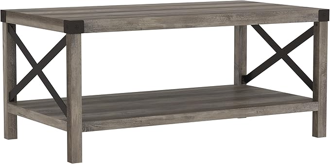 Walker Edison Sedalia Modern Farmhouse Metal X Coffee Table, 40 Inch, Grey Wash