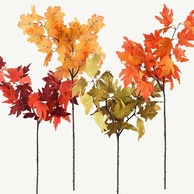 MISSPIN Artificial Fall Maple Leaves Stems, 8 PCS Fall Decorations for Indoor Outdoor Halloween Thanksgiving Farmhouse Arrangement Decorations for Front Door Wedding Centerpieces in Autumn