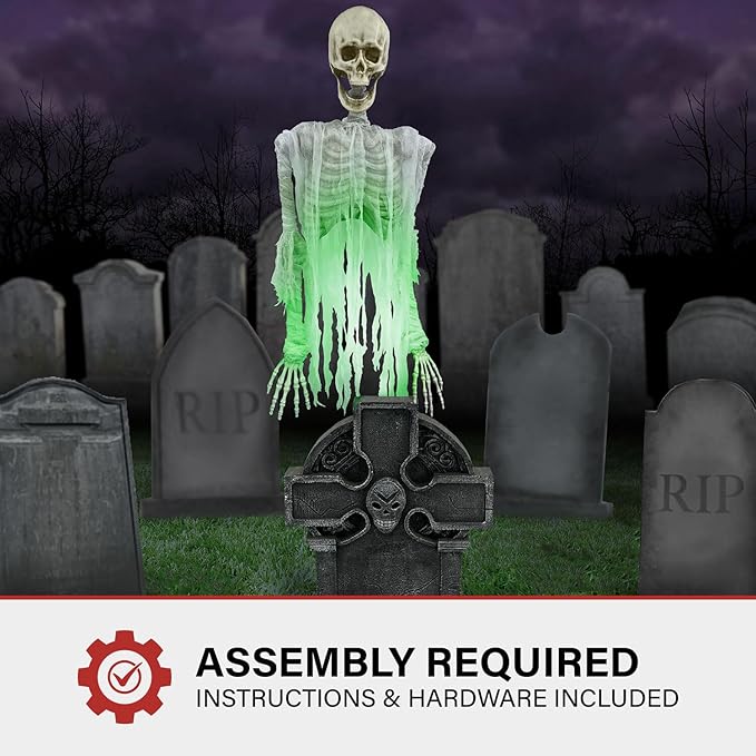 Haunted Hill Farm Motion Activated Floating Skeleton Ghost Over Tombstone by Tekky, Battery Operated Halloween Animatronic for Indoor or Covered Outdoor Creepy Halloween Decorations, Halloween Props
