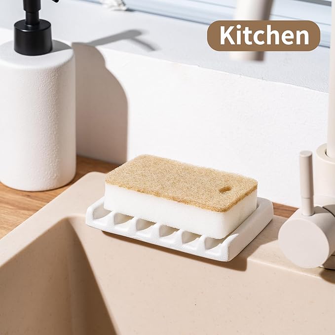 Self Draining Premium White Ceramic Waterfall Soap Dish, Bar Soap Holder, Shower Soap Holder Sponge Holder Soap Tray Savers for Bathroom, Shower, Kitchen, Sink and Countertop