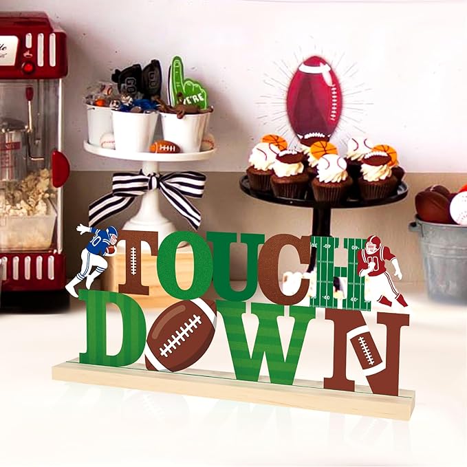 COCHIE Metal Football Touch Down Sign, Green Super Football Bowl Game Party Decorations for Home, Office, Shelf, Mantel, Indoor, Touch Down Table Toppers Decor (Superbowl)