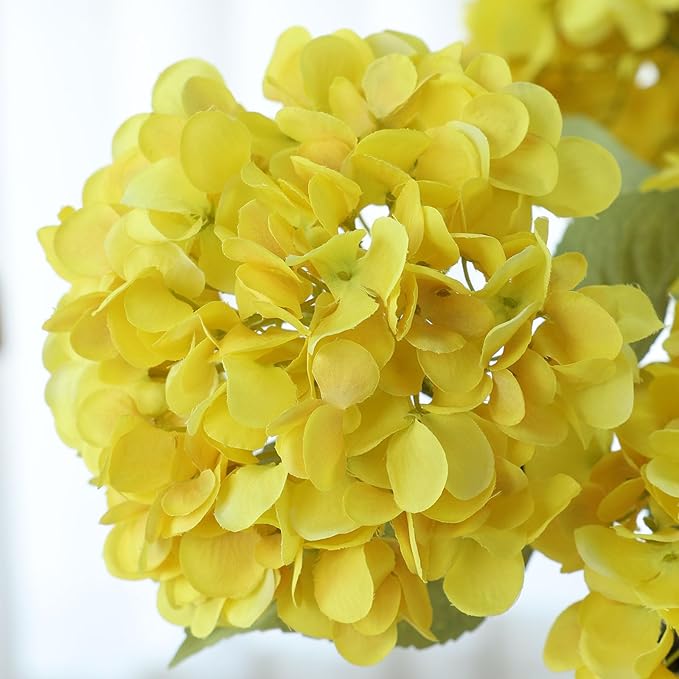 mizii 4Pcs Yellow Artificial Hydrangea Flowers Large Fake Silk Hydrangea Flower with Leaves Stems Realistic Faux Hydrangeas Decorations for Wedding Table Centerpieces Vase Home Decor (Yellow)