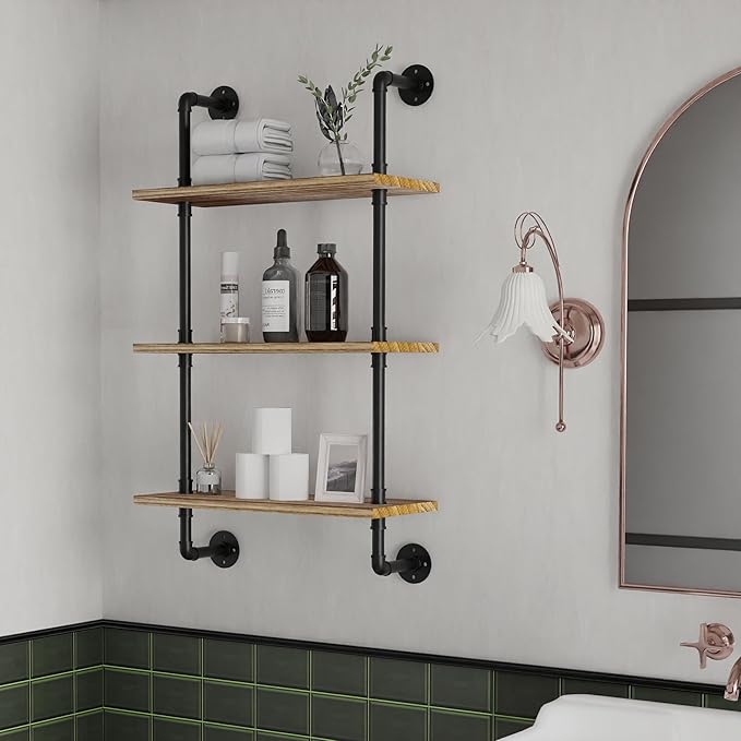 3 Tier Industrial Pipe Shelf,24 inch Floating Shelves with Solid Wood Plank,Pipe Book Shelves for Farmhouse,Industrial Wall Shelves for Bedroom,Kitchen,Living Room,Bathroom