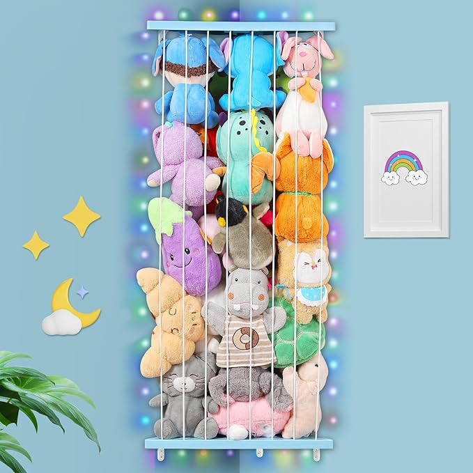 Stuffed Animal Storage Corner Plush Toys Holder with Star Pattern,Stuffed Animals Holder with LED Light,Large Corner Kids Plushies Toys Wall Hangingwith Adjustable Length for Nursery Playroom Bedroom