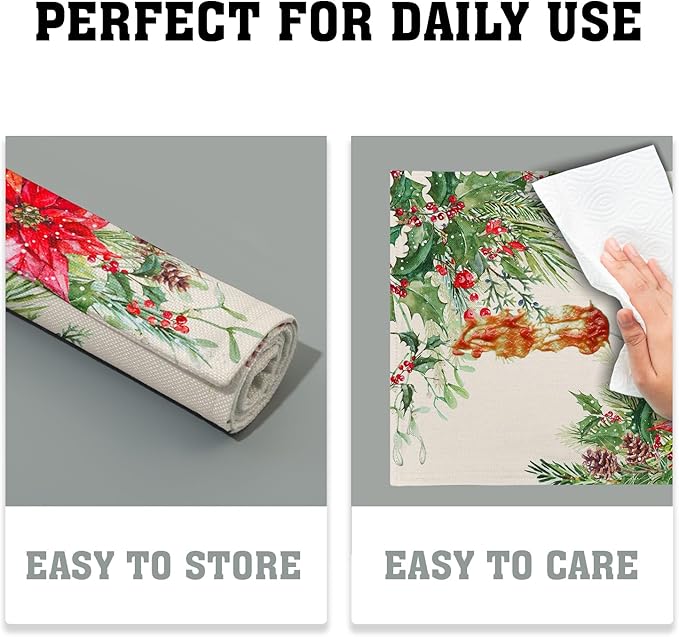 Giwawa Poinsettia Placemats Set of 4, 12x18 Inch Watercolor Christmas Red Floral Linen Table Mats for Kitchen Dining, Winter Holly Berry Pine Cones Washable Heat Resistance for Party Holiday Decor